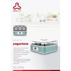 Yogurtera Digital Ultracomb Yg-2709 9 Jarros Vidrio Con Receta Capacidad De 1,6 Litros Celeste