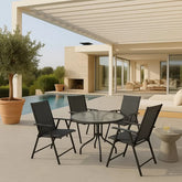 Combo 4 Sillas Plegable Jardin Ratan 1 Mesa 80cm Vidrio Caño Negro Lisa