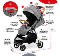 Cochecito Paseo Bebesit 1321a T-flex Gris Reclinable 15kg Cs - Gris - Negro