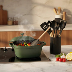 Set Carol Cacerola Antiadherente 20cm Y 12 Utensillos Negro Verde Musgo