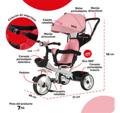Triciclo Con Manija Barra De Empuje Bebesit Sl-1870-v1p 360° Rosa Claro