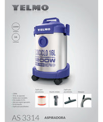 Aspiradora De Tacho Yelmo Ecociclo 16l As-3314 Plateada E Índigo 50hz Plateado/índigo