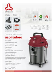 Aspiradora Ultracomb As-4305 1200w 14 Lt Filtro Hepa Rojo/gris