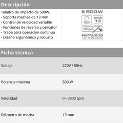 Taladro Percutor Eléctrico 500w 13mm Con Maletín Y Juego De Mechas Daihatsu Ti500k Control De Velocidad Variable Y Funciones De Reversa Y Percutor