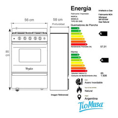Cocina Whirlpool Wfx57dw Gas Natural Acero Inox 56 Cm Inox