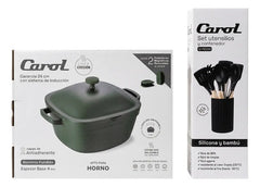 Set Carol Cacerola Antiadherente 20cm Y 12 Utensillos Negro Verde Musgo