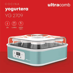Yogurtera Digital Ultracomb Yg-2709 9 Jarros Vidrio Con Receta Capacidad De 1,6 Litros Celeste