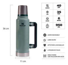 Termo Stanley Clásico De 1.4l Con Asa Plegable Verde