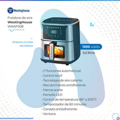 Freidora De Aire 6,5 Litros Panel Digital Westinghouse 7 Funciones Automáticas Control De Temperatura Antiadherente