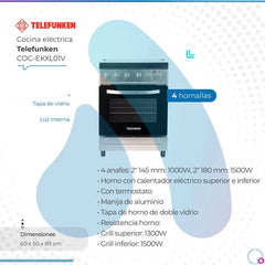 Cocina Electrica Telefunken Ekxl01v Inox 60cm Luz Horno Plateado