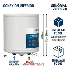 Termotanque Eléctrico Señorial Zafiro 2.0 30lts Conexión Inferior Blanco