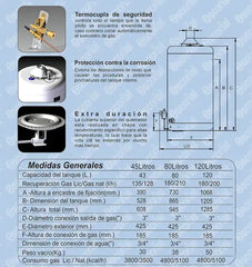 Termotanque A Gas Escorial 45lts Multigas Conexión Superior Blanco