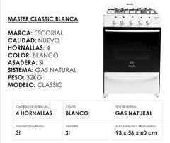 Cocina Escorial Master Classic A Gas Natural 4 Hornallas Blanca Puerta Con Visor Blanco