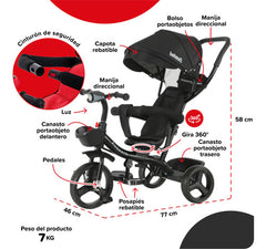 Triciclo C/ Manija Barra De Empuje Bebesit Sl1870-v1o-2 360° Negro