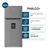 Heladera Philco Top Mount Con Dispenser No Frost Inverter 402l Inox- Phnt453xdi2 Acero Inoxidable