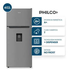 Heladera Philco Top Mount Con Dispenser No Frost Inverter 402l Inox- Phnt453xdi2 Acero Inoxidable