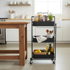 Carro Organizador Metal Negro Plegable 3 Estantes Ruedas Css Negro