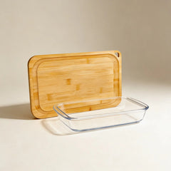 Set De 2 Fuentes Carol Vidrio Templado + Tabla De Bambu Marrón Claro