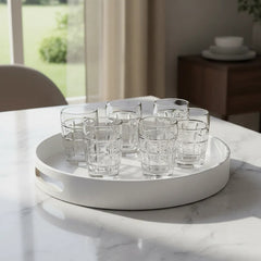 Vajilla Juego De 6 Vasos 350ml Vidrio Labrado Bandeja Carol Blanco Lisa