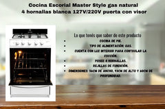 Cocina A Gas Escorial Master Style 4 Hornallas Blanca Encendido Eléctrico Blanco