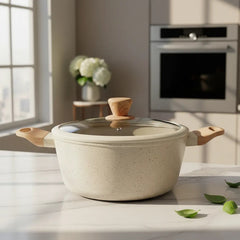 Set 7 Piezas Carol Cacerola Panquequera Wok Bifera Cubiertos Crema