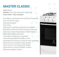 Cocina Escorial Master Classic A Gas Natural 4 Hornallas Blanca Puerta Con Visor Blanco