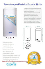 Termotanque Escorial 90 Litros Eléctrico Inferior Colgar Color Blanco
