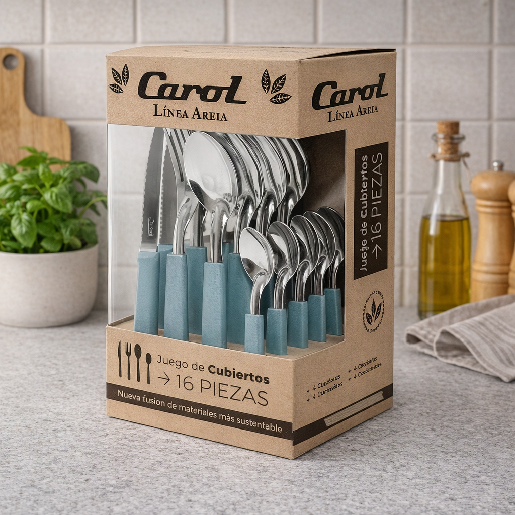 Set 16 Piezas Cubiertos Carol En Caja Linea Areia Color Azul Areia
