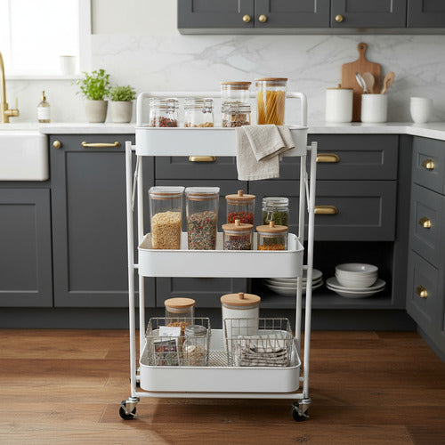 Carro Organizador Metal Blanco Plegable 3 Estantes Ruedas Cs Blanco