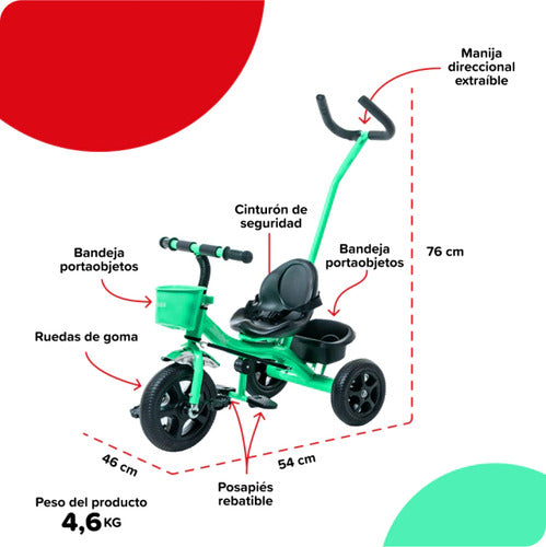 Triciclo Con Manija & Canasto Bebesit Sl1701a Verde H30k Css Verde