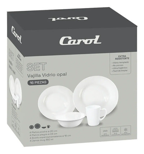 Set Juego De Vajilla Platos + Jarros Vidrio Opal 16 Piezas Blanco Lisa