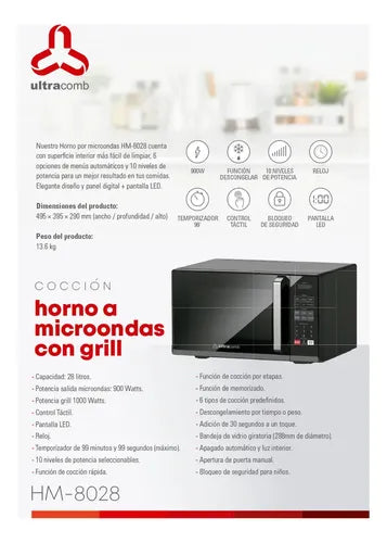 Microondas Digital De Mesa Ultracomb Hm8028 Negro 28 Lts Negro Con Grill
