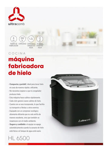 Fabrica De Hielo Portatil Ultracomb Hl-6500 9 Cubos Ciclo 6min Negro