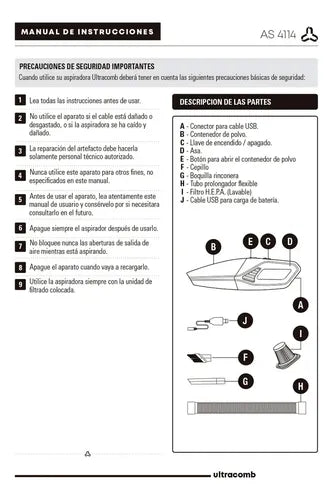 Aspiradora Recargable Ultracomb As-4114 60w Hepa Usb 3 Accesorios Rosa