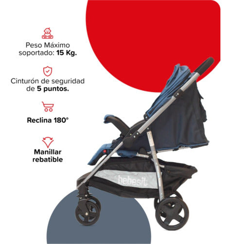 Cochecito De Paseo Bebesit 1390d Azul Manillar Rebatible Cts - Azul - Plateado