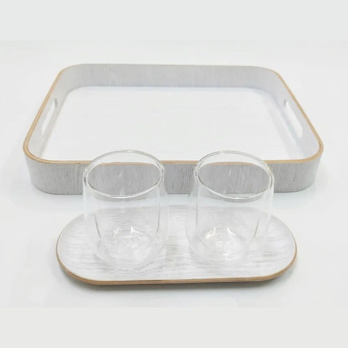Set Carol De 2 Vasos De Vidrio Doble Pared + 2 Bandejas Blanco