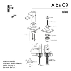 Griferia Lavatorio Fv 0181/g9 Alba Monocomando Baño Pileta Plateado Brillante
