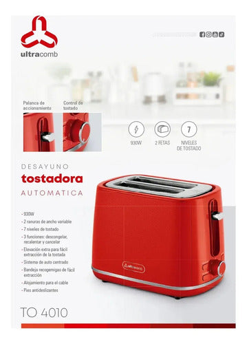Tostadora 2 Rodajas Ultracomb To4010 De 7 Niveles De Tostado Rojo