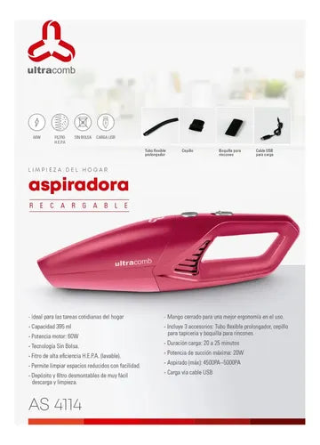 Aspiradora Recargable Ultracomb As-4114 60w Hepa Usb 3 Accesorios Rosa