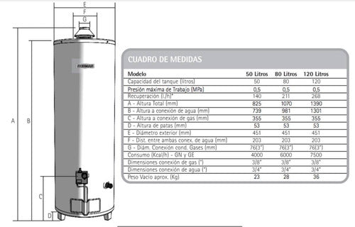 Termotanque Gas Sherman By Rheem Tpgp080 80lts Pie Tio Musa - Blanco