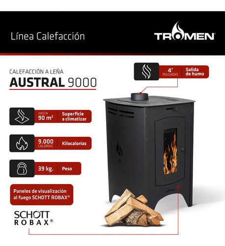 Salamandra Calefactor Tromen A Leña Austral A9 9.000 Kcal Salida De Humo 4