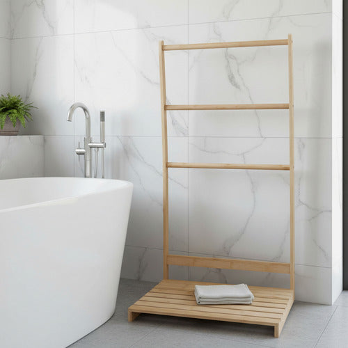 Toallero De Pie Para Baño 3 Cilindros Madera Altura 90cm Marrón Claro