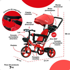 Triciclo Bebesit Sl-1870-v1a Rojo 360° Luz Barra Empuje Rojo