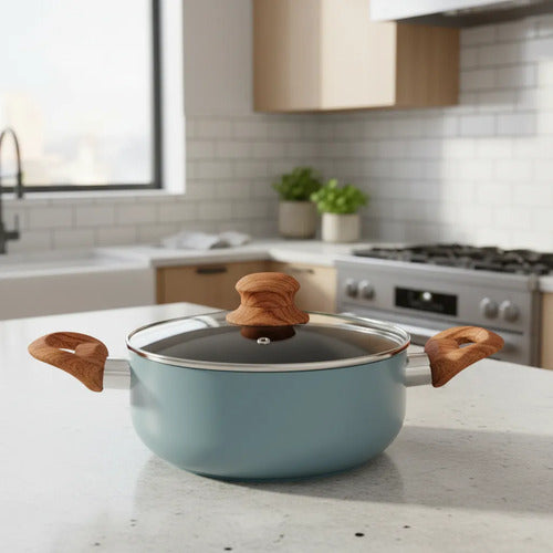 Set Bateria Cocina 7 Pz Carol Antiadherente Cacerola Sarten Azulino