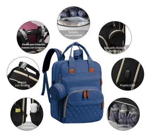 Mochila Multifunción Maternal Cambiador Cuna Para Bebe Gris Azul Liso