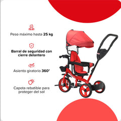 Triciclo Bebesit Sl-1870-v1a Rojo 360° Luz Barra Empuje Rojo
