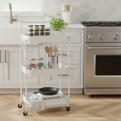 Carro Organizador Metal Blanco Plegable 3 Estantes Ruedas Cs Blanco
