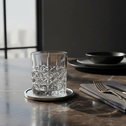 Juego De Vajilla 6 Vasos 350ml Vidrio Labrado Bandeja Carol Negro Lisa