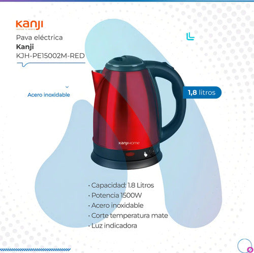 Pava Jarra Electrica Kanji Kjh-pe15002m-red Inox 1,8lts Rojo