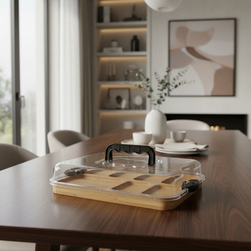 Bandeja De Bamboo Con Tapa Acrílico Para Picadas Marrón Claro